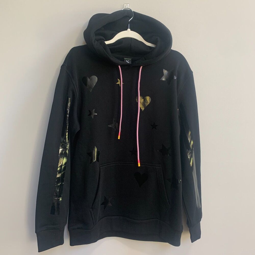 Style Reform Glossy Hearts & Stars Hoodie Women's L Black Pullover Graphic Cozy